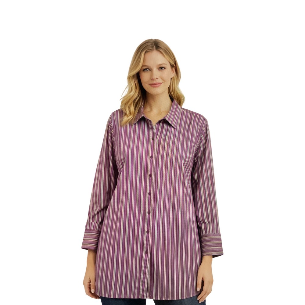 Lauren Ralph Lauren Striped Button Down Women 2X Purple Green Excellent Cotton